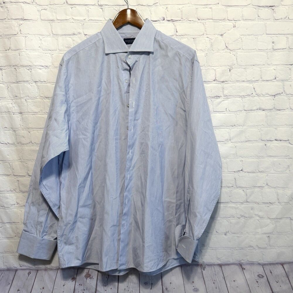 Proper Cloth Men's L/XL Dress Shirt Blue White Micro Stripe French Cuff Custom